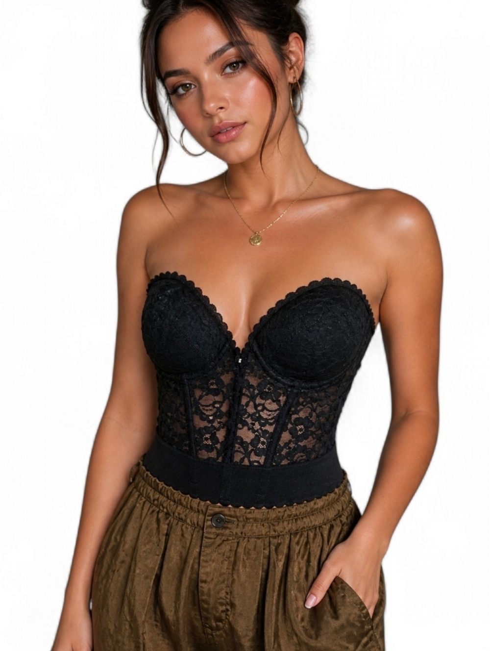 Vintage 90s Frederick’s of Hollywood Black Lace Strapless Corset Bustier Top.34C